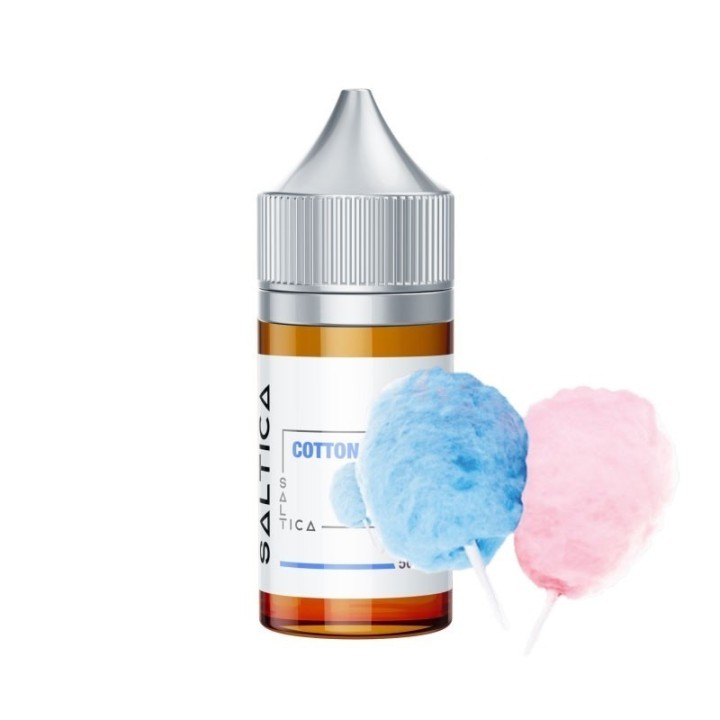 Saltica Cotton Candy Salt Likit şişe, mavi ve pembe pamuk şeker görselleri.
