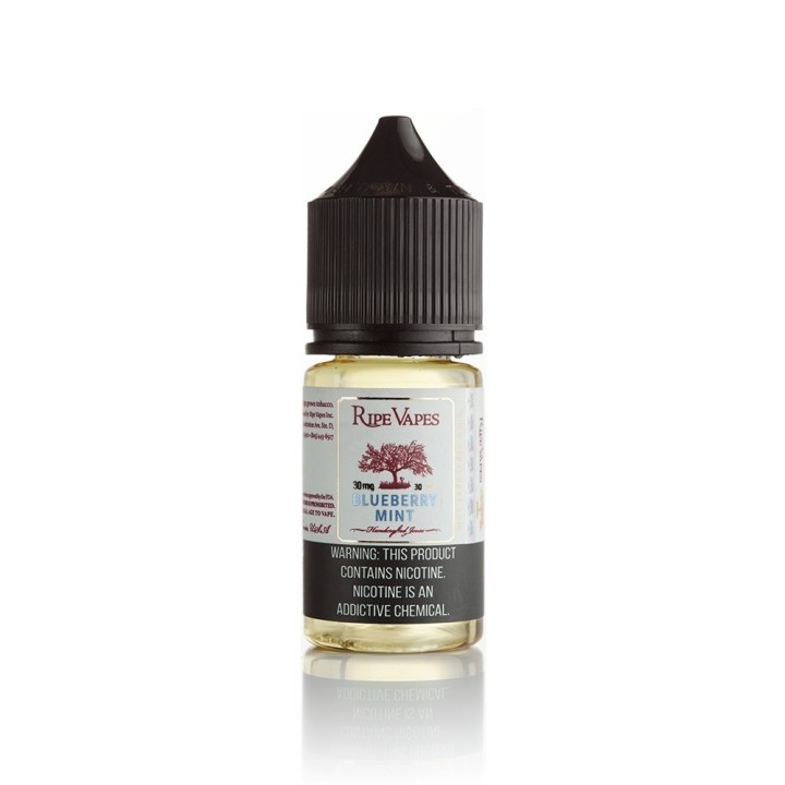 Ripe Vapes Blueberry Mint Salt Likit, 30mg nikotinli, beyaz etiketli şişe.