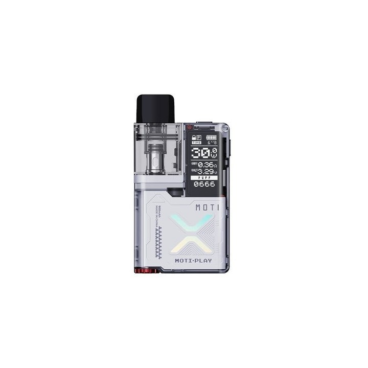 Vaporesso Moti X Play Pod Mod, beyaz, şeffaf gövdeli dijital ekranlı elektronik sigara