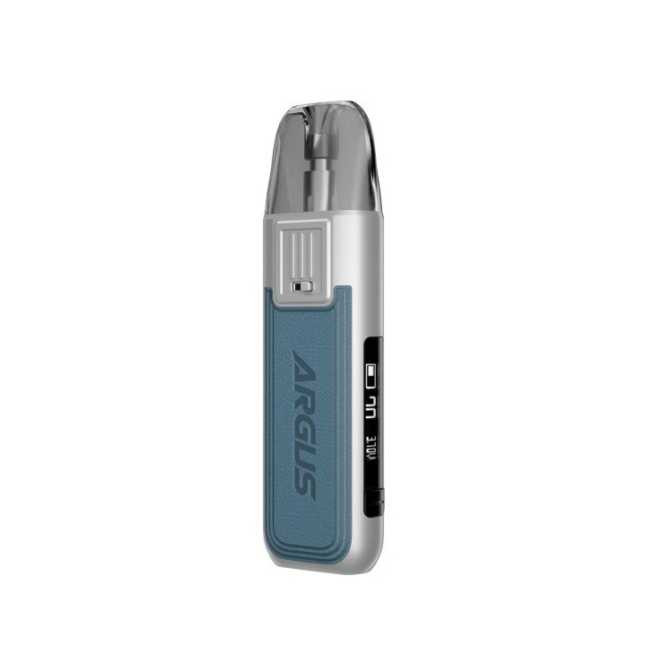 Voopoo Argus Pod Mod gümüş mavi renkli, kompakt dijital ekranlı elektronik sigara.