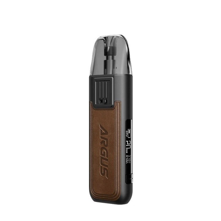 Voopoo Argus Pod Mod kahverengi deri detaylı, siyah renkli e-sigara.