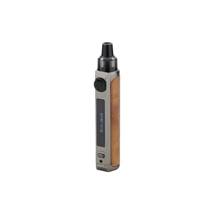 Smok RPM 25W Pod Mod kahverengi deri detaylı, gri gövdeli elektronik sigara.