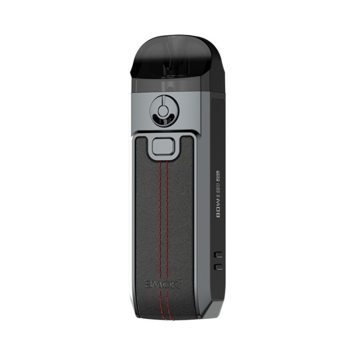 Smok Nord 4 Pod Mod gri deri görünümlü, kırmızı dikişli elektronik sigara cihazı.