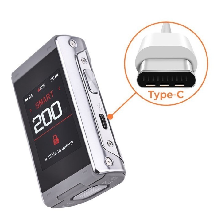 GeekVape T200 Pod Mod gümüş renkli, Type-C şarj portu gösterimi.