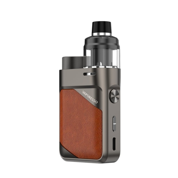 Vaporesso Swag PX80 Pod Mod kahverengi deri detaylı gri elektronik sigara