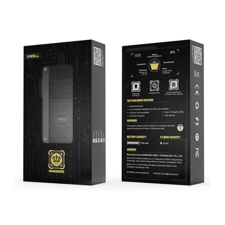Uwell Crown B Pod Mod kutusu, siyah renkli, teknoloji temalı tasarım.