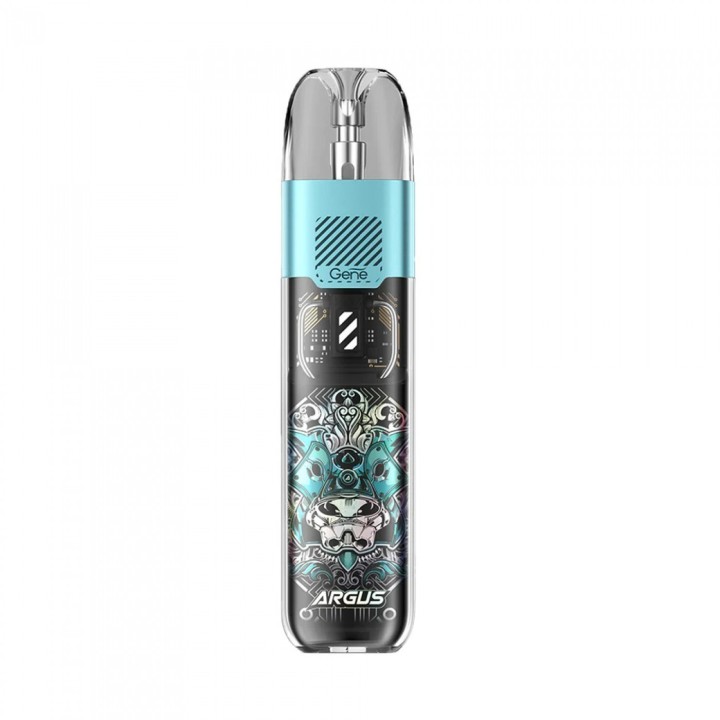 Voopoo Argus P1s Pod Mod turkuaz detaylı, grafik desenli elektronik sigara.