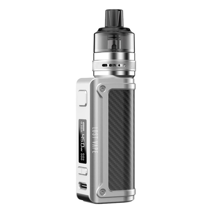 Lost Vape Thelema Mini Pod Mod gümüş renkli karbon fiber gövde.