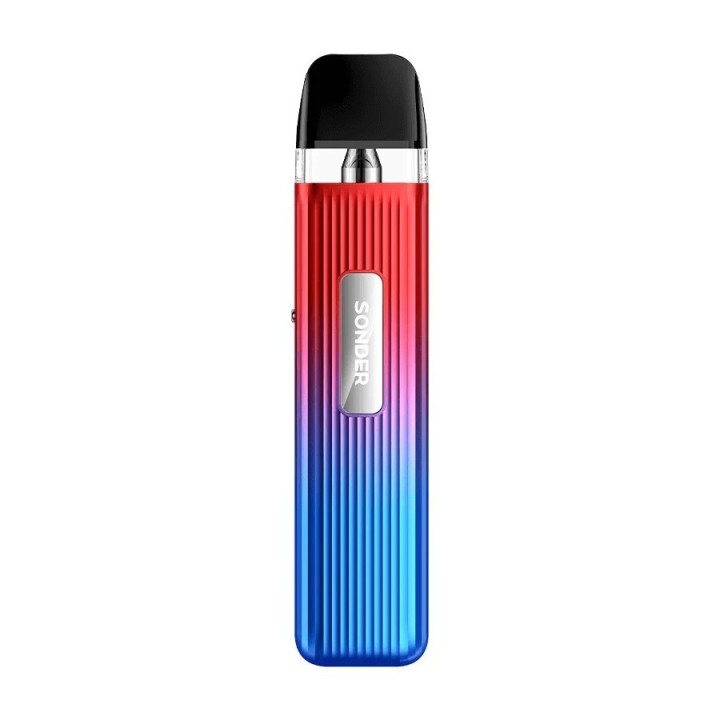 GeekVape Sonder Q Pod Mod kırmızı-mavi degrade renkli, çizgili gövde.