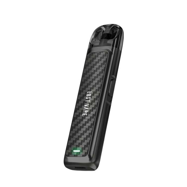 Lost Vape Ursa Nano Pod Mod siyah karbon fiber desenli, kompakt elektronik sigara.