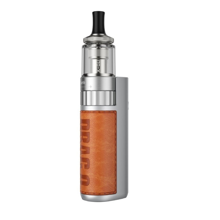 Voopoo Drag Q Pod Mod gümüş renk, kahverengi deri detaylı elektronik sigara.