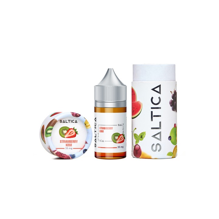 Saltica Strawberry Kiwi Salt Likit 35 mg şişe ve kutu seti.