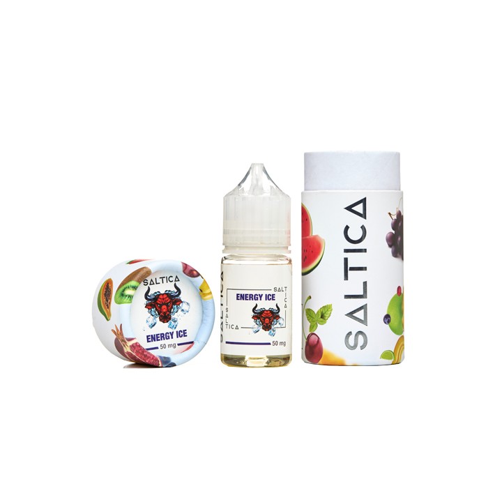 Saltica Energy Ice Salt Likit 50mg şişe ve meyve desenli kutu ambalajı.