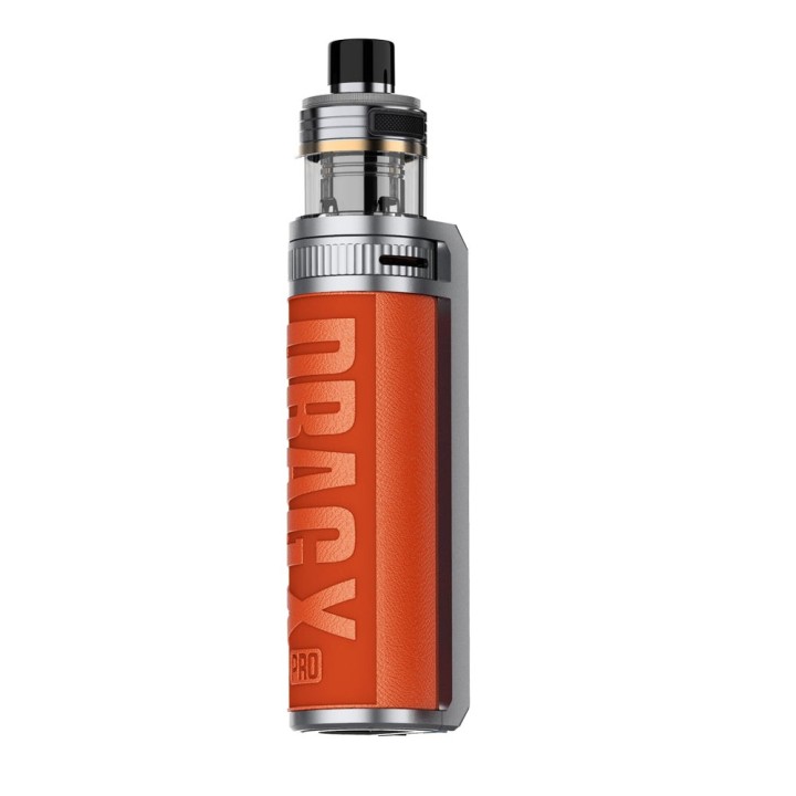 Voopoo Drag X Pro Pod Mod turuncu deri kaplama, gümüş detaylı elektronik sigara.