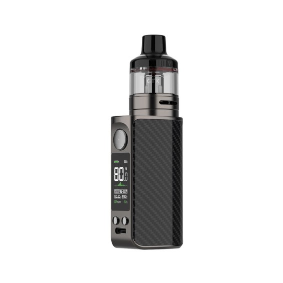 Vaporesso Luxe 80 Pod Mod, karbon fiber desenli gri gövde, dijital ekran.