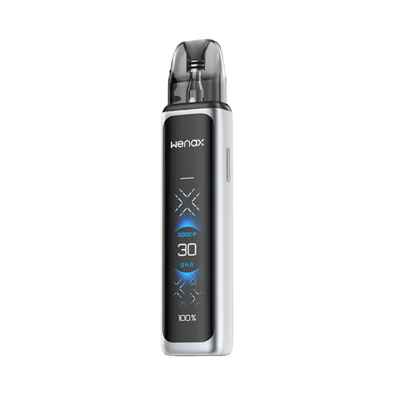 GeekVape Wenax Q Ultra Pod Mod gümüş renkli, dijital ekranlı elektronik sigara.