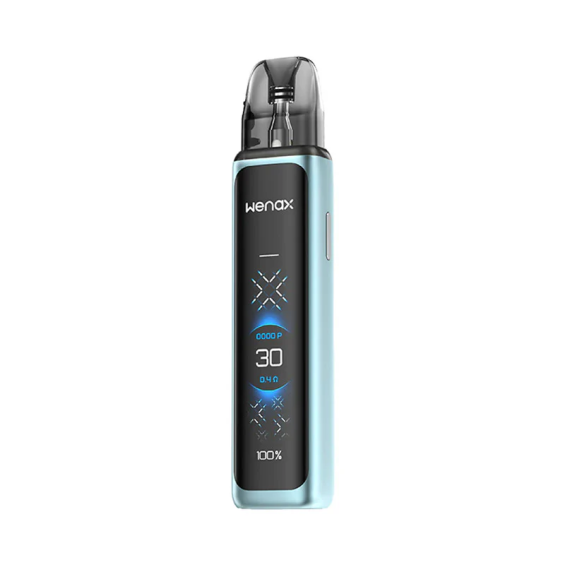GeekVape Wenax Q Ultra Pod Mod açık mavi, dijital ekranlı elektronik sigara.