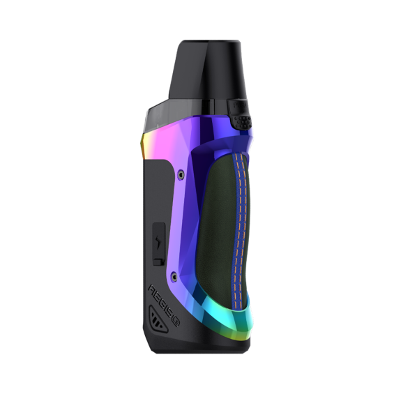 GeekVape Aegis Boost LE Pod Mod gökkuşağı renkli, siyah deri detaylı.