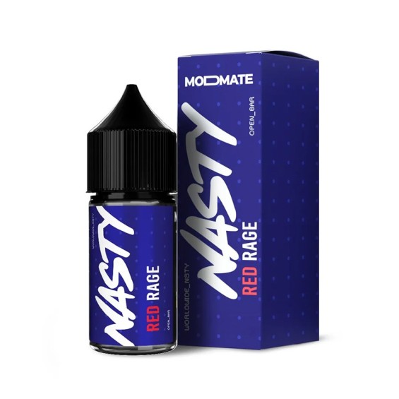 Nasty Juice Red Rage Salt Likit şişesi ve kutusu, mavi tasarım.
