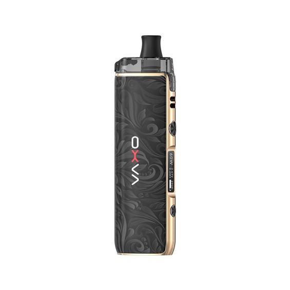 OXVA Origin X Pod Mod siyah altın renkli, desenli gövde ve 60W ekranlı.