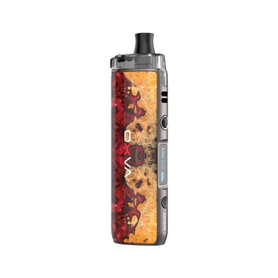 OXVA Origin X Pod Mod kırmızı ahşap görünümlü, şık elektronik sigara cihazı.