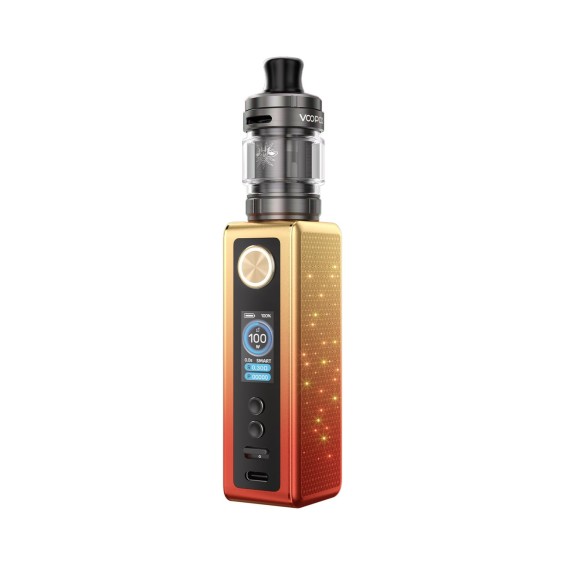 Voopoo Vinci Spark 100 Pod Mod altın-kırmızı gradyan, pırıltılı gövde.