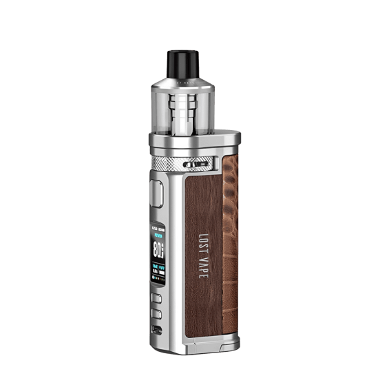 Lost Vape Centaurus Q80 Pod Mod, gümüş ve ahşap görünümlü, elektronik sigara.