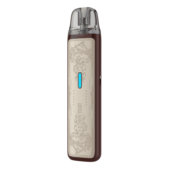 Lost Vape Ursa Nano S2 Pod Mod, kahverengi gövdeli, desenli, kompakt elektronik sigara.