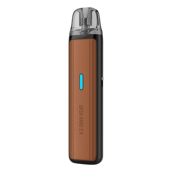 Lost Vape Ursa Nano S2 Pod Mod kahverengi deri kaplama, mavi ışıklı gösterge.