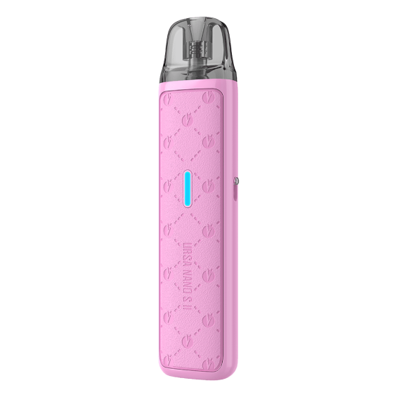 Lost Vape Ursa Nano S2 Pod Mod pembe renkli, desenli gövde ve mavi LED göstergeli.