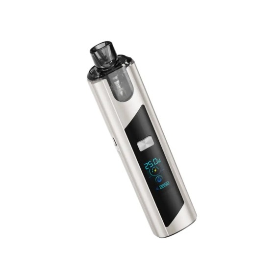 SXmini Puremax 2 Pod Mod gümüş renkli, dijital ekranlı kompakt elektronik sigara.