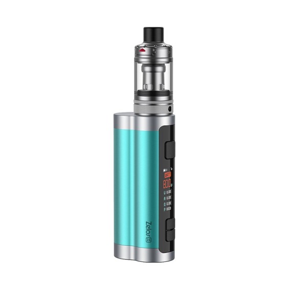 Aspire Zelos X Pod Mod turkuaz, gümüş renkli, dijital ekranlı elektronik sigara.
