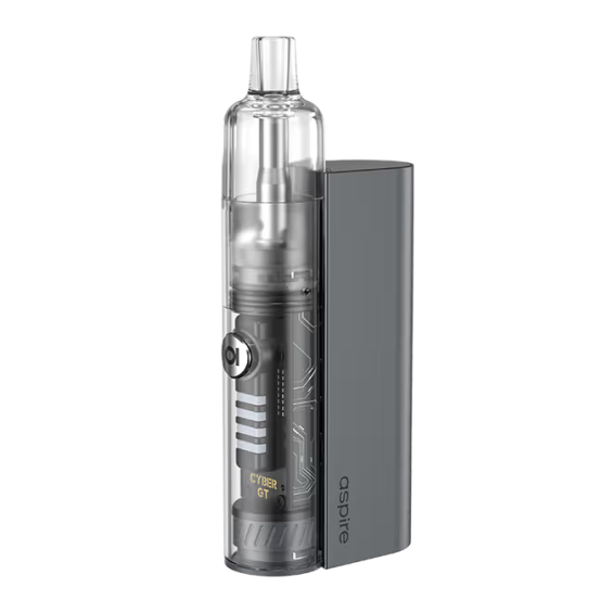 Aspire Cyber GT Pod Mod gri, şeffaf tanklı modern elektronik sigara.