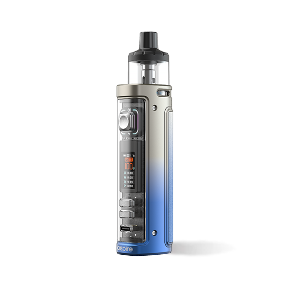 Aspire Veynom EX Pod Mod, şeffaf gövdeli, gümüş-mavi geçişli, ayarlanabilir elektronik sigara.
