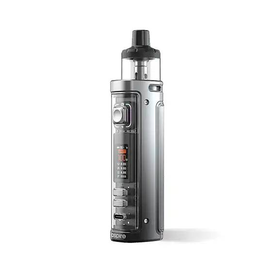 Aspire Veynom EX Pod Mod, gümüş gri renkli, dijital ekranlı elektronik sigara.
