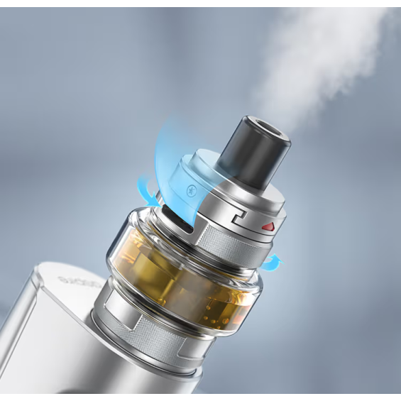 Aspire Boxxer Pod Mod gümüş renkli, ayarlanabilir hava akışlı tank detayı.