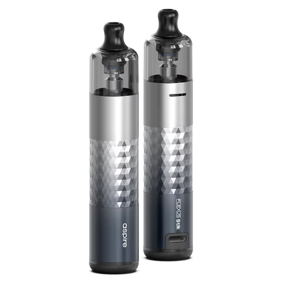 Aspire Flexus Stik Pod Mod, gümüş ve lacivert renkli, elmas desenli vape.