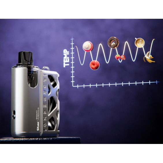 SXmini PureMax Q Pod Mod gümüş renkli, şık, 1500mAh vape cihazı.