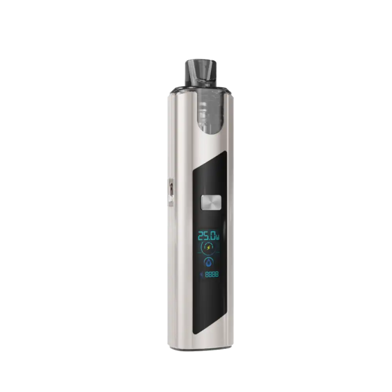 SXmini Puremax V2 Pod Mod gümüş renkli, dijital ekranlı elektronik sigara.