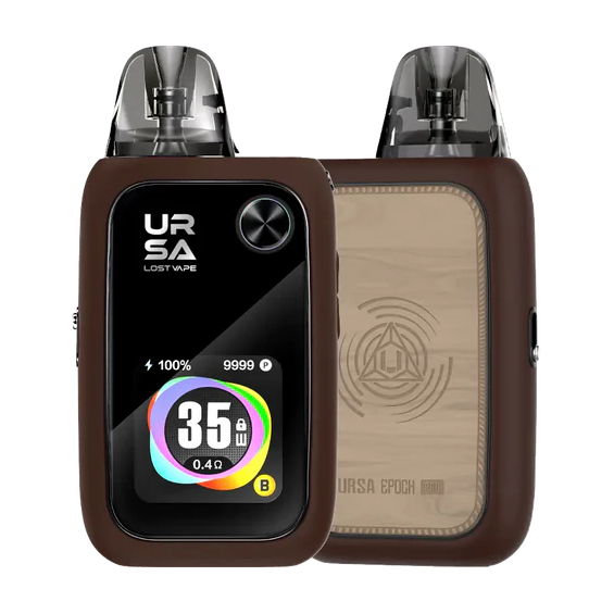 Lost Vape Ursa Epoch Pod Mod kahverengi ahşap görünümlü, şık elektronik sigara.