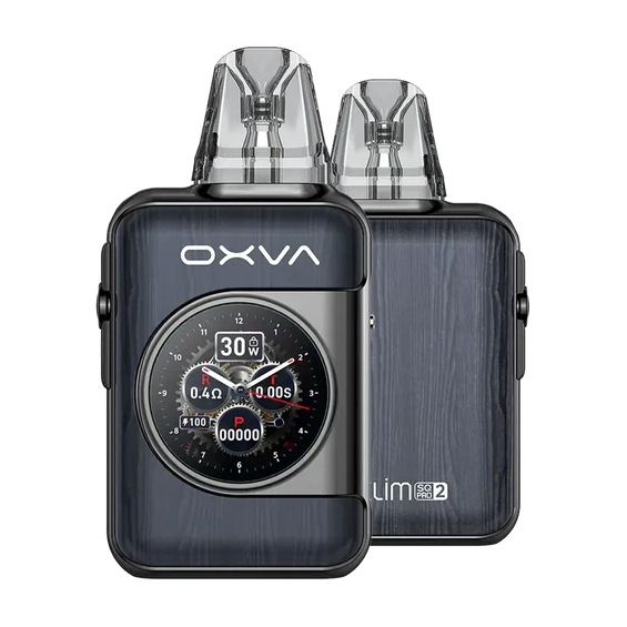 OXVA Xlim SQ Pro Pod Mod, ahşap desenli koyu gri renkli, dijital ekranlı.