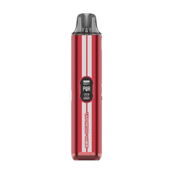 Kırmızı Vaporesso Vibe Pod Mod, yarış çizgili, 20W ekranlı elektronik sigara.
