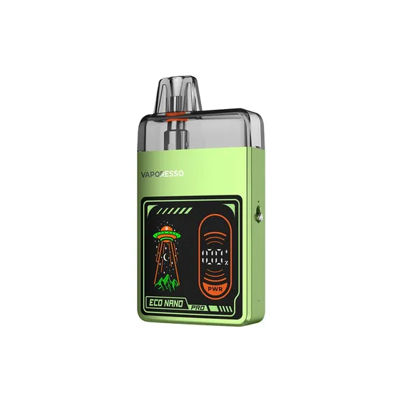 Vaporesso Eco Nano Pro Pod Mod yeşil, uzaylı temalı, kompakt elektronik sigara.