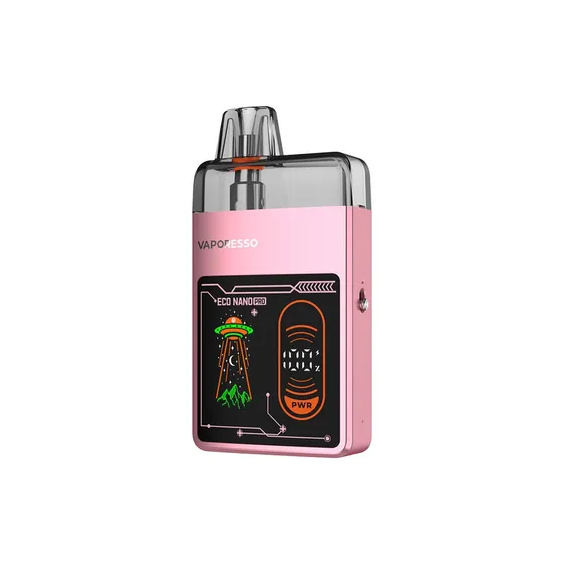 Vaporesso Eco Nano Pro Pod Mod pembe renkli, UFO grafikli dijital ekranlı.