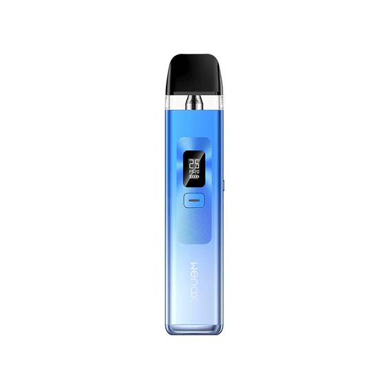 GeekVape Wenax Q Pod Mod Mavi, dijital ekranlı kompakt elektronik sigara.