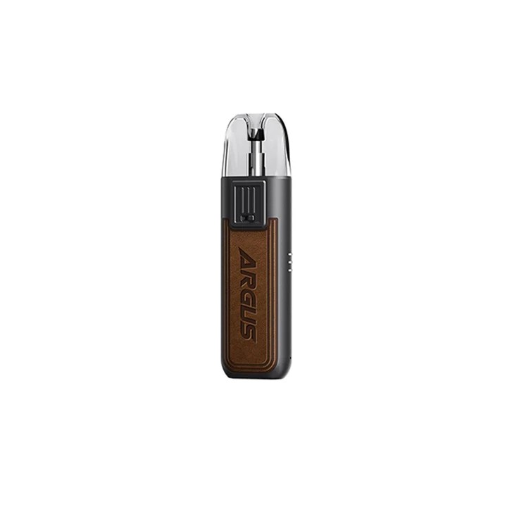 Voopoo Argus SE Pod Mod gri renk, kahverengi deri detaylı kompakt elektronik sigara.
