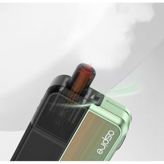 Aspire Flexus Blok Pod Mod yeşil renkli, yakın çekim, hava akışı gösterimi.