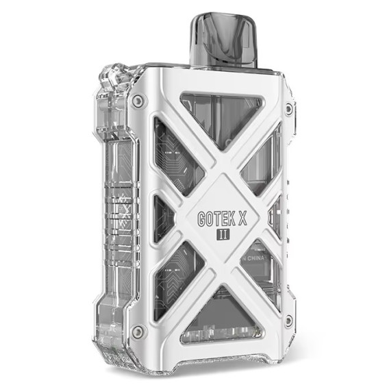 Aspire Gotek X II Pod Mod şeffaf ve beyaz kasalı, teknolojik görünümlü elektronik sigara.
