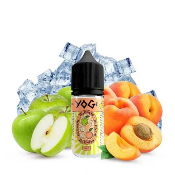Yogi Delight Elma Şeftali Buz Salt Likit şişesi ve meyveler