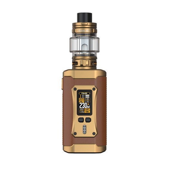 Smok Morph 2 Pod Mod kahverengi deri ve altın renkli, elektronik sigara.